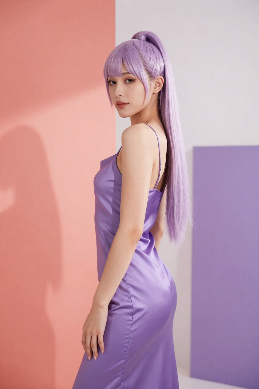 Editorial portrait of a fictional 28-year-old woman with long straight pastel-lavender hair in a high side