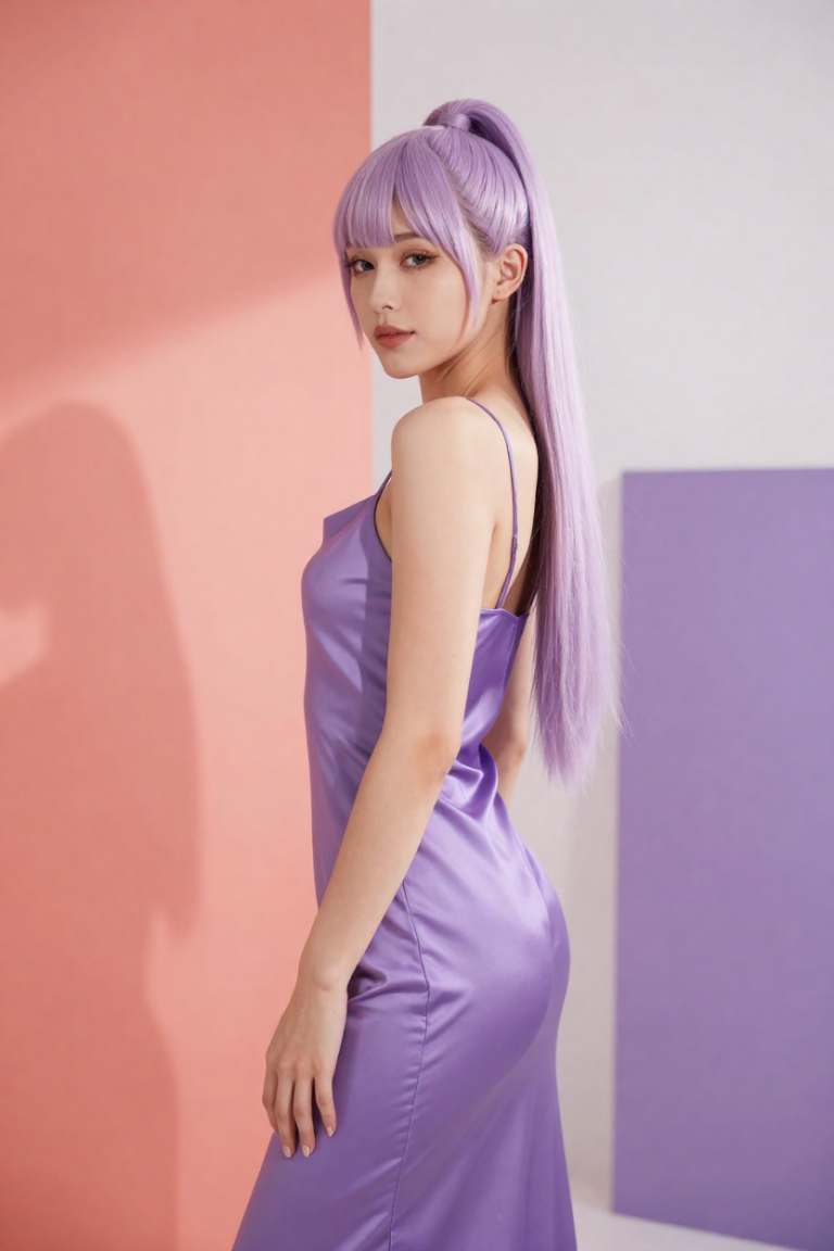 HiPage colour-block portrait: a fictional adult muse with long straight pastel-lavender hair in a high ponytail, wearing a violet satin slip dress in a sunlit studio with coral and violet wall panels