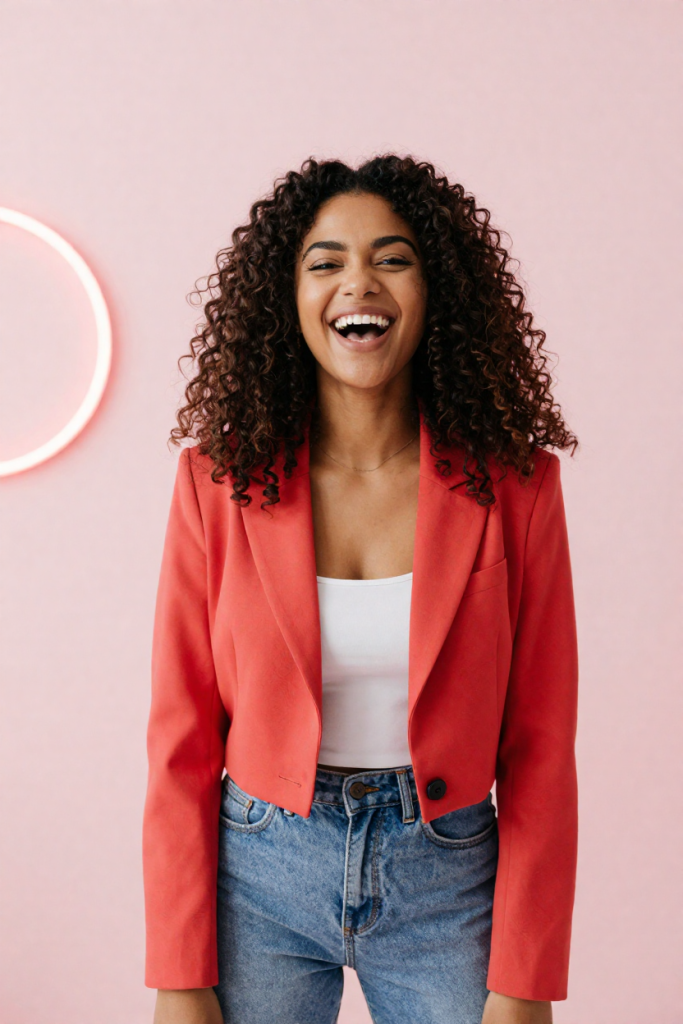 HiPage creator portrait: a fictional adult muse with voluminous dark curly hair and warm brown skin, wearing a coral-red cropped blazer and high-waisted jeans, laughing in a bright pastel-pink studio